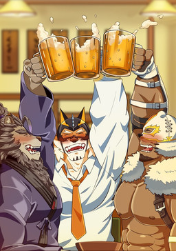 abs alcohol anthro bar beer_mug beverage blush clothing collared_shirt dress_shirt drinking drunk group male mask muscular muscular_anthro muscular_human muscular_male necktie nipples pecs shirt substance_intoxication superhero topwear trio grausummon lifewonders live_a_hero polaris_mask ryekie_(live_a_hero) toshu felid human lion mammal pantherine tiger