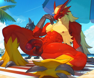 abs ambiguous_gender anthro anus_peek balls beach beach_towel beach_umbrella beak beckoning becoming_erect blue_eyes bodily_fluids claws cloud cum cum_drip dripping feathers genital_fluids genitals gesture group hair half-erect hand_on_beak humanoid_genitalia humanoid_penis looking_at_viewer male male_anthro male_focus muscular muscular_anthro muscular_male muscular_thighs nipples nude nude_anthro nude_male open_mouth outside palm_tree parasol pecs penis plant precum pubes public public_erection public_exposure public_nudity red_body red_feathers sand scuted_arms scuted_feet scutes sea solo sweat sweaty_balls sweaty_genitalia sweaty_legs sweaty_thighs toe_claws towel tree trio vein veiny_penis water yellow_body yellow_feathers yellow_sclera hidoritoyama nintendo pokemon avian bird blaziken generation_3_pokemon generation_4_pokemon lucario pokemon_(species) riolu 2025 digital_drawing_(artwork) digital_media_(artwork) hi_res
