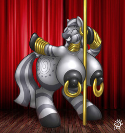 anthro anthrofied big_breasts breasts cutie_mark dancing eyes_closed female hooves huge_breasts nipple_piercing nipple_ring nipples nude piercing pole pole_dancing ring_piercing smile solo stage stripes tail anjuneko badgerben friendship_is_magic hasbro my_little_pony zecora_(mlp) equid equine mammal zebra 2012 hi_res