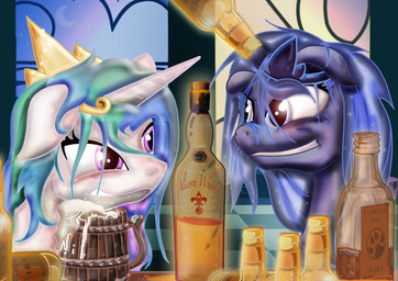 alcohol beverage blue_eyes blue_hair bottle container crown cup detailed_background drunk duo eye_contact female feral foam fur grin hair headgear horn looking_at_another multicolored_hair pink_eyes princess purple_body purple_fur royalty smile substance_intoxication teeth text tiara white_body white_fur toonlancer friendship_is_magic hasbro my_little_pony mythology princess_celestia_(mlp) princess_luna_(mlp) equid equine mammal mythological_creature mythological_equine unicorn 2012 absurd_res english_text hi_res
