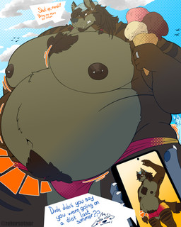 anthro backwards_baseball_cap backwards_hat baseball_cap before_and_after belly belly_fur belly_tuft big_belly black_claws body_hair braided_hair brown_body brown_eyes brown_fur brown_hair cellphone chest_fur claws clothing dialogue duo ear_piercing electronics eyebrow_piercing eyeliner facial_piercing fangs fluffy fluffy_chest frown fur furrowed_eyebrows growth_lines hair happy_trail hat headgear headwear heterochromia industrial_piercing long_hair makeup male morbidly_obese multicolored_body musclegut muscular navel nipple_piercing nipples nose_piercing obese overweight overweight_anthro overweight_male pecs phone piercing ring ring_piercing smartphone solo speech_bubble speedo summer swimwear teeth text tight_clothing tuft two_tone_body underbite whiskers white_eyes white_sclera zakursotaur hyke_(hykewolffen) hykewolffen canid canine canis gnoll hybrid hyena mammal wolf 4:5 absurd_res digital_drawing_(artwork) digital_media_(artwork) english_text hi_res