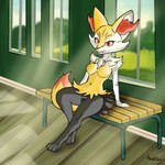 anthro bench black_body breasts feet female fur hairy light light_beam nude red_eyes school sitting solo sunbeam sunlight white_body yellow_body arietter44 nintendo pokemon braixen generation_6_pokemon pokemon_(species) 1:1 2024 absurd_res hi_res