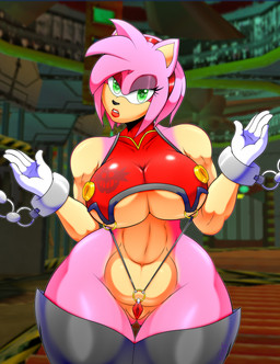 aged_up anthro big_breasts bound breasts camel_toe chain chained clothed clothing female fur genital_outline gloves green_eyes hair handwear heart_eyes heart_symbol legwear lipstick looking_at_viewer makeup pink_body pink_fur pink_hair skimpy solo thick_thighs thigh_gap thigh_highs vulva_outline white_clothing white_gloves white_handwear wide_hips randomgloves eggman_logo sega sonic_the_hedgehog_(series) amy_rose eulipotyphlan hedgehog mammal 2024 hi_res