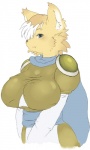 anthro armor big_breasts biped blue_eyes blush breasts cloak clothing dress exposure_variation fangs female front_view fur huge_breasts kemono long_ears looking_at_viewer simple_background solo standing teeth white_background yellow_body yellow_fur sindoll sega shining_(sega) shining_force alef_(shining) canid canine fox mammal hi_res