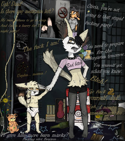 abuse abused accessory adolescent adolescent_anthro age_difference alcohol alcohol_bottle alternative_fashion amogus angry annoyed anthro anthrofied ashes ashtray bad_parenting bandage bandaged_arm bandaged_ear barefoot bathroom beanie bedroom belt beverage beverage_bottle black_bottomwear black_clothing black_collar black_eyeshadow black_hair black_shorts bodily_fluids book bottle bottomwear braces breasts burn_mark burn_scar chart child_abuse cigarette cigarette_box claws clothed clothing collar container crib crying dark_room dart dartboard deep_navel degradation denim denim_bottomwear denim_clothing dialogue diaper diaper_box diaper_on_ground diaper_package digitigrade dildo dirty_floor dirty_room drawing_(object) dripping dryer duo duo_focus ear_piercing ear_tuft ears_down egg_vibrator eyebrow_piercing eyebrows eyelashes eyeliner eyeshadow facial_piercing fangs feet female floor fur furgonomic_piercing furgonomics genitals gesture goth grey_body grey_bottomwear grey_clothing grey_fur grey_shirt grey_shorts grey_topwear grey_wall group hair hair_accessory hair_dryer hair_over_eye hairclip hand_gesture hand_holding hand_on_face hand_on_hip hands_behind_back hat head_tuft headgear headwear height_chart hip_piercing humiliation humiliation_fetish ill implied_abuse inner_ear_fluff inside makeup male markings mascara messy_hair mole_(marking) mole_on_arm mole_on_belly mole_on_breast mole_on_cheek mole_on_leg mole_on_thigh mole_under_eye muzzle_piercing navel navel_piercing night no_smoking nose_piercing nose_ring object_on_head orange_eyes pacifier paper penis picture_frame piercing pigtails pink_clothing pink_shirt pink_topwear pivoted_ears playboy_bunny playboy_bunny_logo plushie pointy_ears pokeball prick_ears profanity purple_tongue raised_tail red_body red_fur ring_piercing rubber_duck ruined_makeup sad saliva saliva_drip saliva_on_tongue scar self-harm_scars sex_toy sharp_teeth sharp_toes shirt shorts shower sign size_difference skimpy skimpy_bottomwear skimpy_shirt skimpy_topwear slim slim_female slim_male small_breasts smoke smoking smoking_cigarette snout soap_bar spiked_collar spikes standing standing_on_toes star sticker sun tail talking_to_another tears teddy_bear teeth text thigh_gap thumbs_up tile tile_floor tile_wall toddler tongue tongue_out tongue_piercing topwear trash tuft underage_drinking underage_smoking vibrator wall_(structure) white_body white_fur wire writing_on_wall yellow_body yellow_eyes yellow_fur young young_female young_male goth_umbreon_fan nintendo playboy pokemon rammstein bastian_bratty fan_character ivana_beckett olivia_bratty braixen eevee fennekin generation_1_pokemon generation_6_pokemon human mammal pokemon_(species) absurd_res digital_drawing_(artwork) digital_media_(artwork) english_text hi_res story story_in_description mother_(lore) mother_and_child_(lore) mother_and_son_(lore) parent_(lore) parent_and_child_(lore) parent_and_son_(lore) son_(lore)