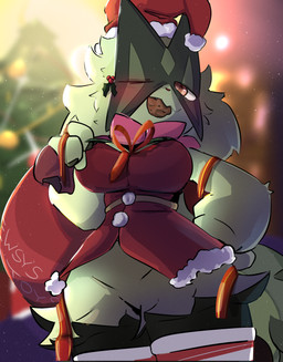 anthro big_breasts blush breasts christmas_clothing christmas_headwear christmas_tree clothed clothing cookie fangs female food fur green_body green_fur hat headgear headwear holidays legwear looking_at_viewer mask one_eye_closed plant red_eyes ribbons sack santa_hat smile solo stockings teeth thick_thighs tree wink winking_at_viewer klydewitakay christmas nintendo pokemon felid feline generation_9_pokemon mammal meowscarada pokemon_(species) 2025 absurd_res digital_media_(artwork) hi_res