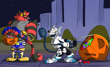 armor black_markings blue_tongue boots candy_in_mouth city city_background clothing cosplay costume crossover_cosplay cybernetic_limb cybernetic_tail dragging_object duo fingerless_gloves footwear fur gloves grey_body grey_fur handwear holidays male male/male markings night orange_eyes red_body red_fur shoes tongue trick-or-treating white_armor yellow_boots yellow_clothing yellow_footwear yellow_sclera overkelion halloween nintendo pokemon tekken king_(tekken) rikter_the_cyberdog tahu_(incineroar) zalno generation_7_pokemon incineroar pokemon_(species) crossover