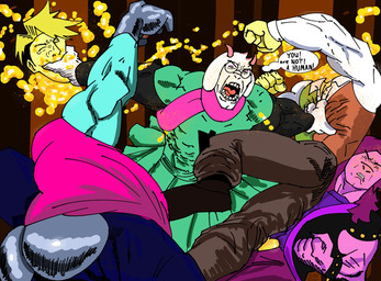 angry anthro decapitation fight flower group male plant yellow_body ryrykiller deltarune image_comics invincible_(image_comics) undertale_(series) flowery_(deltarune) kris_dreemurr ralsei susie_(deltarune) boss_monster_(undertale) bovid caprine elemental_creature elemental_humanoid flora_fauna flower_creature goat human humanoid mammal plant_humanoid seven_flowers hi_res