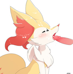 ambiguous_gender anthro bodily_fluids cum cum_in_mouth cum_inside cum_on_face disembodied_penis duo fellatio genital_fluids genitals oral penile penis sex loval nintendo pokemon braixen generation_6_pokemon pokemon_(species) absurd_res hi_res