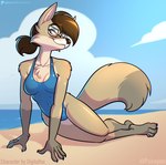 anthro arm_tuft beach blue_clothing blue_swimwear breasts brown_body brown_fur brown_hair chest_tuft clothing collarbone dipstick_tail eyebrows eyelashes eyewear feet female fur glasses glistening glistening_body glistening_clothing glistening_swimwear gloves_(marking) green_eyes hair inner_ear_fluff leg_markings looking_at_viewer markings medium_breasts one-piece_swimsuit outside ponytail pose shoulder_tuft socks_(marking) solo swimwear tail tail_markings tan_body tan_fur tuft yokozuwari psicoyote canid canine fox mammal 2024 hi_res