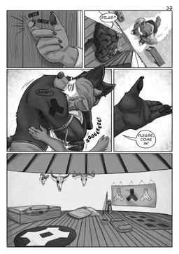 anthro comic_panel dialogue duo hug jewelry male markings mid_transformation muscular muscular_anthro muscular_male pawpads paws size_difference sound_effects speech_bubble tattoo text transformation tribal tribal_clothing tribal_jewelry tribal_markings tribal_tattoo yurt alphasabre ansel_(alphasabre) silas_(alphasabre) canid canine canis humanoid hybrid mammal wolf comic english_text greyscale hi_res monochrome