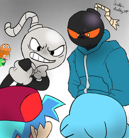 4_fingers anthro black_clothing black_eyes black_head black_shirt black_topwear blue_body blue_clothing blue_fur blue_hair blue_hoodie blue_topwear closed_frown clothed clothed_human clothed_humanoid clothed_male clothing ears_down eyebrow_through_hair eyebrows eyelashes featureless_hands fingers frown frowning_at_another fur furrowed_brow fuse gradient_background green_clothing green_shirt green_topwear grey_background grey_head group hair hat headgear headwear hoodie light looking_at_another male male_anthro male_human male_humanoid markings mouth_closed noseless orange_body orange_hair orange_scales pink_mouth pivoted_ears pupils red_clothing red_hat red_headwear red_sclera scales shirt simple_background tan_body tan_skin topwear translucent translucent_hair whisker_markings white_pupils yellow_eyes young young_anthro young_male chris-thekid cartoon_network friday_night_funkin' the_amazing_world_of_gumball boyfriend_(fnf) darwin_watterson gumball_watterson julius_oppenheimmer_jr. pico_(fnf) whitty_(fnf) bomb_head bomb_humanoid domestic_cat felid feline felis fish human humanoid mammal marine 2021 colored crossover digital_drawing_(artwork) digital_media_(artwork) english_description hi_res lighting shaded signature adopted_(lore) adoptive_brother_(lore) adoptive_brothers_(lore) adoptive_sibling_(lore)