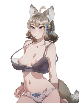 accessory ahoge bra breasts clothing eyebrows eyelashes female hair hair_accessory inner_ear_fluff navel nipples panties solo tail tan_hair tuft underwear bow_(artist) animal_humanoid canid canid_humanoid canine canine_humanoid fox_humanoid humanoid mammal mammal_humanoid