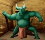 anthro belly bottomwear bovid bovine brick cattle clay clay_creature clothing detailed_background ears_up european_mythology eyebrows fist goo_creature greek_mythology green_body green_eyes hi_res hooves horn labyrinth loincloth looking_at_viewer male mammal maze minotaur moobs mythology navel nipples open_palm overweight overweight_anthro overweight_male pose raised_eyebrow shadow simple_background smile solo spread_arms spread_legs spreading tail tail_tuft tuft wontonrhino yellow_background