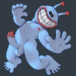 action_pose antennae_(anatomy) big_penis black_eyes blue_body blue_skin erection genitals glans humanoid_genitalia humanoid_penis lips male mascot not_furry penis pose red_glans red_lips short silly_pose simple_background smile solo ravuer walter_van_beirendonck puk_puk alien humanoid 1:1 hi_res