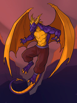 3_toes 4_fingers aged_up anthro barefoot bottomwear cheek_spikes chin_spikes claws clothed clothing deltoids facial_spikes feet fingers flying grasp head_crest horn male membrane_(anatomy) membranous_wings muscular muscular_arms obliques pants purple_body purple_scales scales serious solo spikes spikes_(anatomy) tail toes topless wings yellow_body yellow_claws yellow_horn dimenran activision mythology spyro_the_dragon balloonist_spyro dragon mythological_creature mythological_scalie scalie 2026 digital_media_(artwork) hi_res