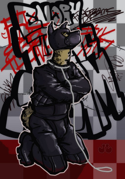 animal_mask anthro black_straitjacket bottomwear checkered checkered_floor clothing collar graffiti kneeling leather leather_bottomwear leather_clothing leather_pants male mask pants pup_mask restraints solo straitjacket jameslewis g_jamez alpaca camelid mammal absurd_res hi_res