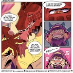 anthro claws clothing duo ear_piercing female long_tongue male male/female pawpads piercing purple_clothing red_body red_scales scales size_difference text tongue mrnbgreenart mythology dragon human mammal mythological_creature mythological_scalie scalie comic english_text hi_res