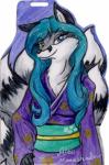 anthro asian_clothing breasts clothing east_asian_clothing female heterochromia japanese_clothing kimono looking_at_viewer multi_tail solo tail jenkiwi nikorokumitsero aleu_moonshadow canid canine fox mammal hi_res