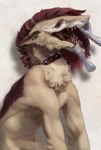 anthro bodily_fluids collar disembodied_hand ear_piercing neck_tuft open_mouth piercing red_eyes saliva sharp_teeth solo teeth tongue tuft atsuris niro_(niron) sergal hi_res