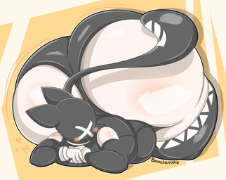 anthro big_butt blush butt clothing face_covered huge_butt hyper hyper_butt latex latex_clothing looking_back male mask solo tail thick_thighs tight_clothing bloocherrypie felid feline mammal absurd_res hi_res