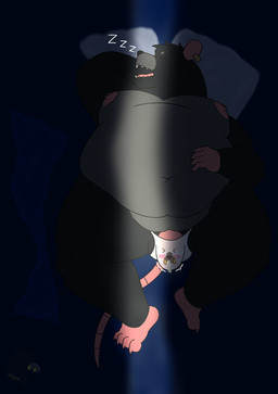 anthro ball_slip balls bed bedding belly black_body black_fur blanket blush bodily_fluids bulge clothed clothing clothing_transformation ear_piercing fur furniture genital_fluids genitals living_underwear lying lying_on_bed male male/male motion_lines navel nipples on_back on_bed open_mouth overweight overweight_male penis penis_poking_out piercing pillow precum sleeping sound_effects tail throbbing throbbing_penis transformation underwear underwear_only underwear_transformation vowelless vowelless_sound_effect zzz visen_(artist) rat_king_(visen) visen mammal murid murine rat rodent absurd_res digital_drawing_(artwork) digital_media_(artwork) hi_res
