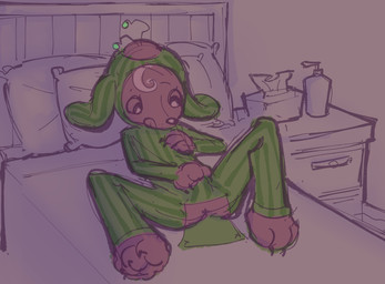 antennae_(anatomy) anthro anus butt_flap clothing erection erection_under_clothing green_clothing lotion_bottle male onesie rubbing_penis shota solo through_clothing tissue tissue_box tv_antenna watermelon_pattern watermelon_print young young_anthro werehouse cocomelon canid canine mammal hi_res