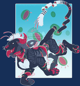 ambiguous_gender black_body black_fur black_tail candy_blood candy_gore chest_tuft ear_piercing empty_eyes fangs feral food fruit fruit_gore fur gauged_ear gore grey_body grey_ears grey_fur grey_tail horn markings melon open_mouth painless_gore pawpads piercing plant red_horn red_nose red_pawpads red_tongue solo striped_markings striped_tail stripes tail tail_markings teeth text tongue tongue_out tuft watermelon watermelon_gore white_body white_fur white_tail rayliicious ronni_(rayliicious) elemental_creature flora_fauna food_creature living_fruit alpha_channel artist_name hi_res