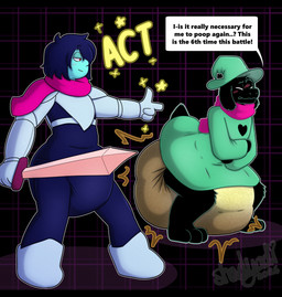 3_toes 4_fingers abstract_background ambiguous_gender anthro armor big_diaper black_body black_ears black_fur black_tail blue_body blue_bodysuit blue_clothing blue_eyelids blue_hair blue_skin blue_skinsuit blush blush_lines bodily_fluids bodysuit boots clean_diaper clothed clothing crossed_arms crouching dialogue diaper diaper_under_clothing dress duo ellipsis excessive_feces eyes_closed feces feet fingers floppy_ears footwear forced fur gauntlets genital_fluids gesture gloves green_clothing green_dress green_hat green_headwear hair half-closed_eyes hand_gesture handwear hat headgear headwear heart_symbol holding_melee_weapon holding_object holding_sword holding_weapon looking_at_another magic magic_user melee_weapon metal_boots narrowed_eyes pink_scarf pointing pointing_at_another pooping questioning_ellipsis scarf shoes shoulder_plates skinsuit smile smirk smirking_at_another soiled_diaper soiling soiling_diaper sparkles speech_bubble standing sword tail text tight_clothing toes unclean_diaper urine used_diaper using_diaper wavy_mouth weapon wearing_diaper wet_diaper wetting wetting_diaper wizard_hat shadyadi deltarune undertale_(series) kris_dreemurr ralsei bovid caprine darkner goat human lightner mammal monster 2026 artist_name hi_res signature male_(lore) nonbinary_(lore)