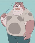 anthro blue_background blush bottomwear brown_body brown_fur clothed clothing fur kemono male overweight overweight_anthro overweight_male shirt shorts simple_background solo topwear 00murice bear mammal 2021 low_res