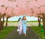 anthro asian_clothing blue_body blue_clothing blue_fur blue_kimono brown_body brown_fur brown_hair cherry_blossom clothed clothing dress duo east_asian_clothing female flower fur grass green_eyes grey_clothing grey_kimono hair japanese_clothing kimono logo open_mouth open_smile orange_body orange_fur orange_hair outside pink_eyes plant prunus_(flower) smile walking white_body white_fur milk-jug lilith_knight raiyuki canid canine felid mammal 2021 artist_logo colored digital_drawing_(artwork) digital_media_(artwork) hi_res