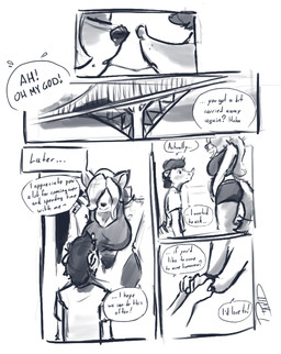 anthro blush bridge clothing dialogue duo ears_back female hand_holding male pivoted_ears size_difference sloppy_kiss steamy_breath text ravid_anml nora_seulis_(ravid_anml) tobias_hecaucatl_(ravid_anml) american_opossum canid canine canis mammal marsupial wolf absurd_res comic english_text hi_res monochrome sketch