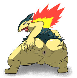 anthro anus big_butt blue_body blue_fur butt butt_focus elemental_manipulation fire fire_manipulation fur hand_on_butt huge_butt male multicolored_body multicolored_fur open_mouth presenting presenting_anus presenting_hindquarters rear_view semi-anthro simple_background smile solo spread_butt spreading two_tone_body two_tone_fur white_background yellow_body yellow_fur macro710 thatweirdguy nintendo pokemon brand_the_typhlosion generation_2_pokemon pokemon_(species) typhlosion digital_media_(artwork) hi_res