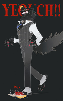 anthro barefoot black_body black_fur black_nose chest_tuft claws clothing collar feet fluffy fluffy_tail footwear fur furgonomic_footwear furgonomics glowing glowing_eyes kemono leash leashed_collar male mouse_trap pain pawpads paws pointy_ears red_eyes solo tail text toe_claws topwear trap_(contrivance) tuft vest luoluokun luoluokun517 moth_(luoluokun) canid canine canis mammal wolf absurd_res english_text hi_res