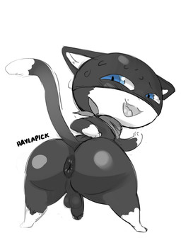 anthro anus backsack balls big_butt black_body black_fur blue_eyes butt chibi fur genitals humanoid_genitalia humanoid_penis kerchief looking_back male male_anthro markings mask neckerchief neckwear open_mouth penis raised_tail rear_view shortstack shortstack_male simple_background solo tail tail_markings text thick_thighs white_background white_body haylapick atlus megami_tensei persona_(series) persona_5 sega morgana_(persona) domestic_cat felid feline felis mammal tuxedo_cat 2022 absurd_res digital_media_(artwork) hi_res