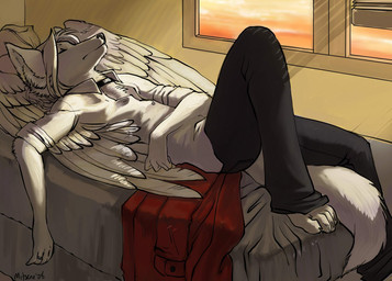 anthro bed choker clothed clothing eyes_closed fur furniture hair inside jacket jewelry lying male necklace on_back ring sleeping solo sunset topwear white_body white_fur white_hair window wings mitsene achtas_joir canid canine canis jackal mammal 2008