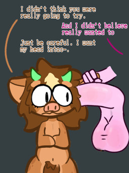 anthro big_penis duo ear_grab ear_penetration ear_pull genitals horn male male/male nervous nude_anthro penetration penis text axouwur amphibian aquatic axolotl bovid bovine cattle mammal mole_salamander salamander 3:4 english_text hi_res