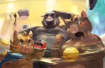 anthro bathing bathroom belly blush brown_body brown_fur eyes_closed fur group humanoid_hands inside kemono male moobs nipples overweight overweight_male water wet young young_anthro nion mammal suid suine sus_(pig) wild_boar 2021