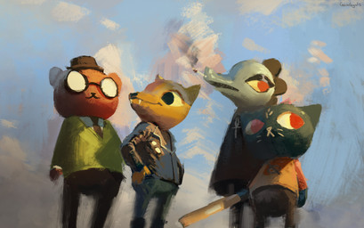 ambiguous_gender anthro baseball_bat bat_(object) blue_body blue_fur boots bottomwear brown_body brown_fur cigarette clothed clothing day eyewear fangs footwear fur glasses group hand_on_hip hat head_tuft headgear headwear holding_object jacket low-angle_view markings necktie on_model orange_clothing orange_shirt orange_topwear outside pants paws red_eyes shirt shoes smile smoking teeth topwear tuft whisker_markings yellow_body yellow_fur gamgyuls night_in_the_woods angus_delaney bea_santello gregg_lee mae_borowski bear canid canine crocodile crocodilian domestic_cat felid feline felis fox mammal reptile scalie 2018 absurd_res digital_media_(artwork) digital_painting_(artwork) hi_res painting_(artwork) female_(lore) male_(lore)