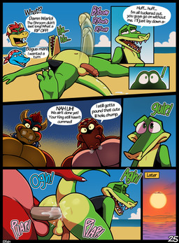 after_oral after_sex all_fours anal anal_penetration anthro anthro_on_anthro anthro_penetrated anthro_penetrating anthro_penetrating_anthro anus balls beach becoming_flaccid big_penis blue_body bodily_fluids butt clothed clothing cum cum_from_ass cum_in_ass cum_inside cum_on_penis cum_string dialogue ejaculation erection eyes_closed fangs feet foreskin from_behind_position genital_fluids genitals genitals_shrinking glans group hair half-closed_eyes half-erect holding_tail horn huge_penis humanoid_genitalia humanoid_penis jacket licking licking_lips licking_own_lips looking_pleasured lying male male/male male_penetrated male_penetrating male_penetrating_male muscular muscular_anthro muscular_male narrowed_eyes navel nude on_back open_clothing open_jacket open_mouth open_topwear outside partially_retracted_foreskin pecs penetration penile penile_penetration penis penis_shrinking red_hair sand seaside sex sex_on_the_beach sky smile speech_bubble spread_legs spreading standing standing_sex sunset swimwear tail teeth text toes tongue tongue_out topwear trio water elfein diddy_kong_racing donkey_kong_(series) mario_bros nintendo bowser krunch_the_kremling kruncha alligator alligatorid crocodile crocodilian koopa kremling kritter_(kremling) reptile scalie 2026 comic digital_media_(artwork) english_text hi_res