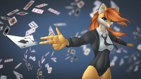 anthro blue_eyes card clothing female fighting_pose hair leotard looking_at_viewer necktie orange_hair playing_card pose solo standing tight_clothing wind yellow_body catd 16:9 absurd_res digital_media_(artwork) half-length_portrait hi_res portrait widescreen