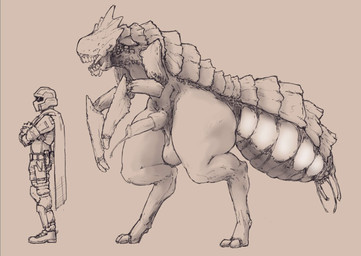 anthro armor arthropod_abdomen bodily_fluids cerci_(anatomy) clothing duo erection exoskeleton feral genital_fluids genitals male male/male open_mouth thick_thighs wide_hips gromdrawing helldivers helldiver arthropod human insect mammal terminid hi_res