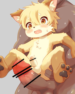 3_toes 5_fingers adult_on_young age_difference anthro balls big_penis blush bodily_fluids brown_body censored_genitalia censored_penis comparing duo erection eyebrows fangs feet fingers foreskin fur genitals hair humanoid_genitalia humanoid_penis kemono lifting_partner male male/male muscular nude open_mouth pawpads penis scared size_difference sweat tears teeth toes yellow_body yellow_eyes yellow_fur young young_anthro young_male piporinton canid canine fox human mammal absurd_res censored hi_res