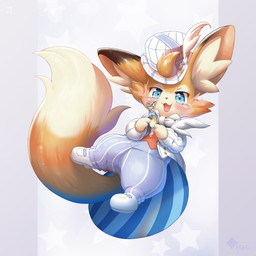 ambiguous_gender anthro big_tail black_body black_fur blue_bottomwear blue_clothing blue_eyes blue_hat blue_headwear blue_pants blue_top_hat blush blush_lines blush_stickers bottomwear bow_tie cheek_tuft clothing dipstick_tail dress_shoes eyebrows facial_tuft figurine floating fluffy fluffy_tail footwear fur furgonomic_hat furgonomic_headwear furgonomics gloves_(marking) hat hat_feather headgear headwear holding_object holding_toy inner_ear_fluff kemono loose_feather markings multicolored_body multicolored_fur open_mouth open_smile orange_body orange_fur pants pattern_bottomwear pattern_clothing pattern_hat pattern_headgear pattern_headwear pattern_pants red_dress_shirt shoes simple_background smile solo sparkles sparkling_eyes star_symbol striped_bottomwear striped_clothing striped_hat striped_headgear striped_headwear striped_pants stripes suit tail tail_markings top_hat toy tuft white_background white_body white_bow_tie white_clothing white_footwear white_fur white_hat white_headwear white_inner_ear_fluff white_shoes white_suit white_top_hat mash_(artist) cygames world_flipper light_(world_flipper) canid canine fox mammal 1:1 2023 absurd_res hi_res watermark male_(lore)