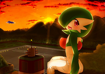 aircraft airplane airport blush building clothed clothing cloud detailed_background female green_hair hair looking_at_viewer mountain not_furry one_eye_closed open_mouth outside red_eyes sitting sky solo sunset vehicle white_body hanekumo123 nintendo pokemon gardevoir generation_3_pokemon pokemon_(species) 2013