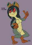 4_fingers amphibian anthro asui_tsuyu breasts english_text eyewear featureless_breasts female fingers frog gesture goggles hair hand_gesture my_hero_academia non-mammal_breasts nude randolfsparks red_eyes smile solo text thumbs_up