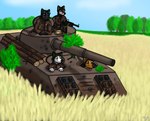 anthro clothing field fields group male plant tank tree vehicle weapon sharicgshep canid canine canis domestic_dog fox german_shepherd herding_dog mammal pastoral_dog wolf hi_res