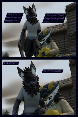 anthro arm_warmers armwear blue_body blue_fur cabin clothing cloud dialogue female fur hoodie lake leg_warmers legwear male multicolored_body multicolored_fur purple_body purple_fur shirt sky sunny topwear flailingfornication bat kobold mammal nardoragon scalie 2:3 3d_(artwork) absurd_res comic digital_media_(artwork) hi_res brother_(lore) sibling_(lore) sister_(lore)