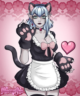 5_fingers apron bangs bent_arm black_choker black_clothing black_dress black_eyeshadow black_gloves black_handwear black_jewelry black_lipstick black_necklace black_tail blue_hair breasts choker cleavage clothed clothed_female clothed_humanoid clothing dress ear_piercing eyebrow_through_hair eyebrows eyelashes eyeshadow fake_cat_ears fake_ears fake_tail fangs female female_humanoid fingers gloves green_eyes hair handwear heart_symbol humanoid_pointy_ears jewelry light lipstick looking_at_viewer maid_uniform makeup markings medium_breasts medium_hair mole_(marking) necklace not_furry pale_skin piercing pink_background pointy_ears pupils simple_background slit_pupils solo tail teeth text translucent translucent_hair uniform white_apron white_clothing glossopho pngtuber glossopho_(character) humanoid vampire 2024 artist_name colored digital_drawing_(artwork) digital_media_(artwork) english_description hi_res lighting portrait shaded three-quarter_portrait