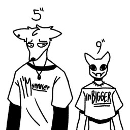 anthro clothing crop_top duo embarrassed femboy looking_at_viewer male shirt size_difference skinny smile topwear beastarsfan canid canine felid feline mammal 1:1 absurd_res hi_res